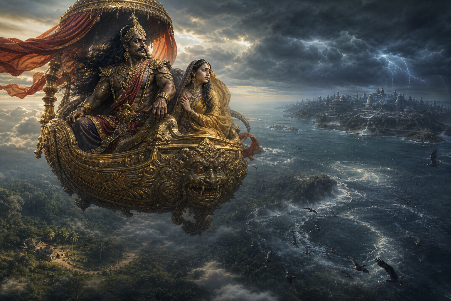 Ravana's chariot carries Sita away from Panchavati toward a storm-darkened Lanka whose distant battlements foreshadow destruction.