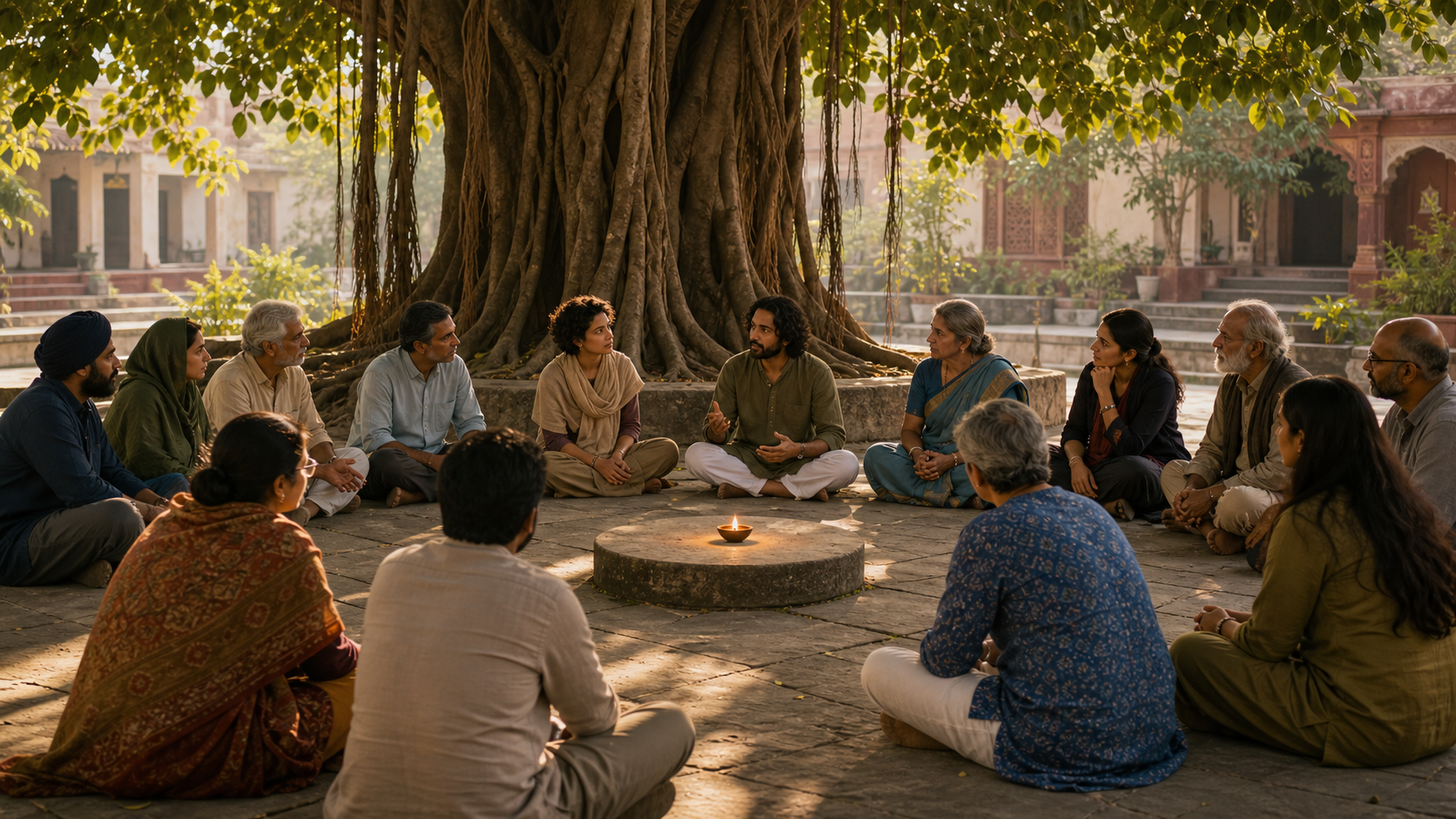 A diverse group of adults listens to one another beneath a banyan tree around a small glowing oil lamp in a civic courtyard.
