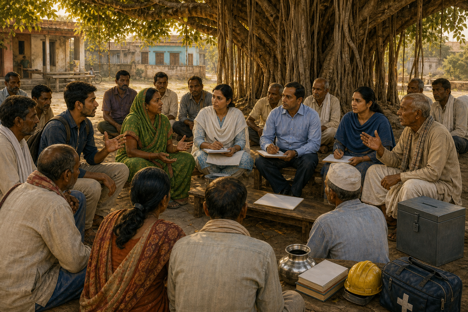 Residents, workers and local officials seated in a civic hearing under a banyan tree, with a closed ballot box and objects representing public services nearby.
