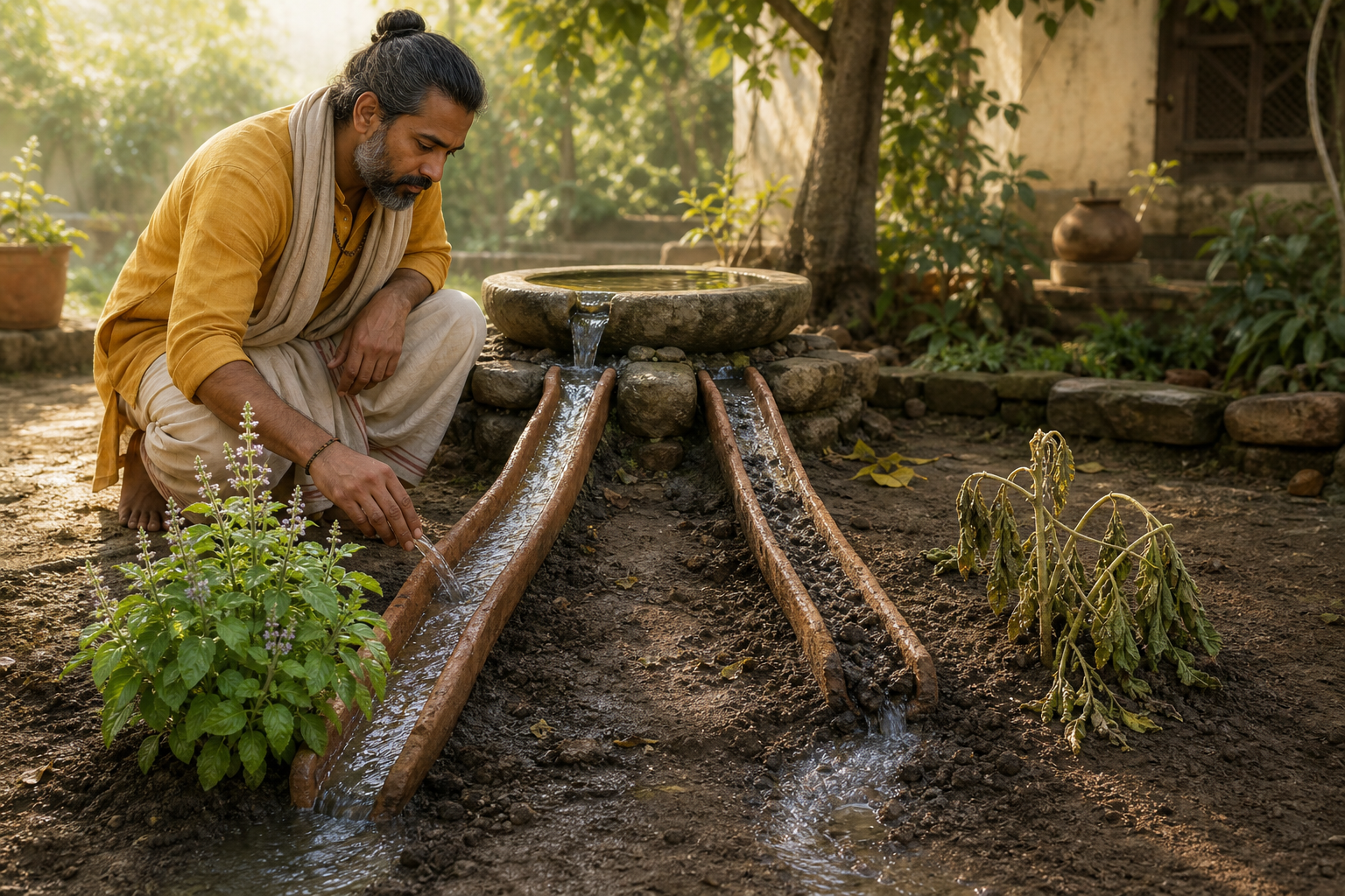A kneeling practitioner examines two clay water channels, one nourishing a healthy basil plant and the other blocked before a wilted plant.