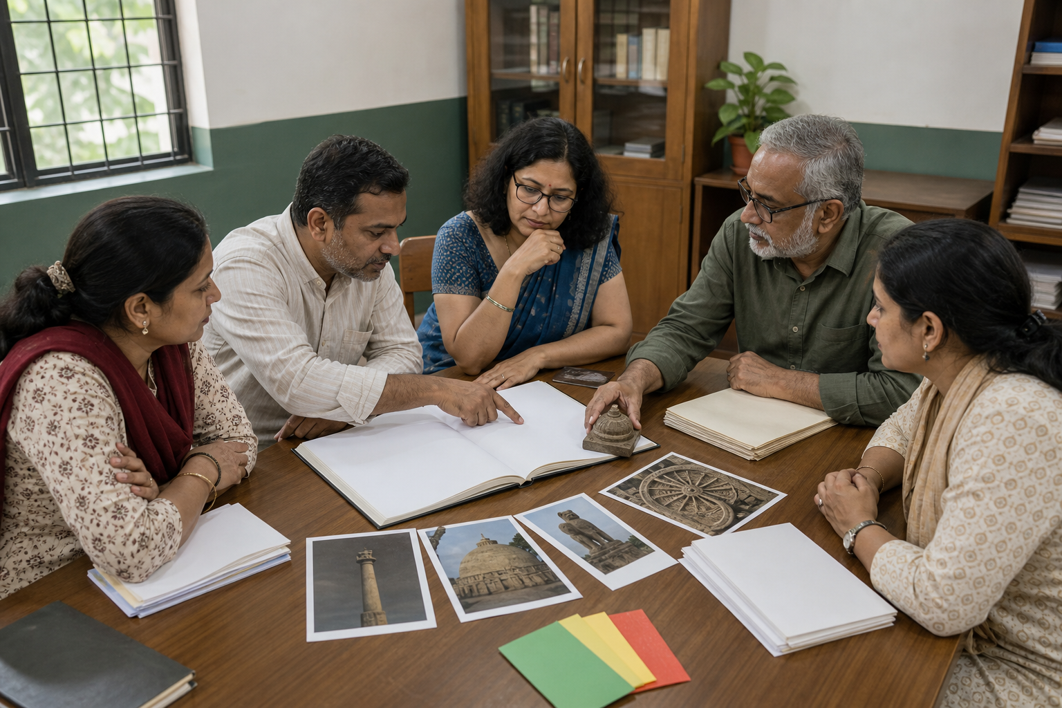Parents, educators, a historian, and an official review a blank textbook and supporting cultural evidence around a meeting table.