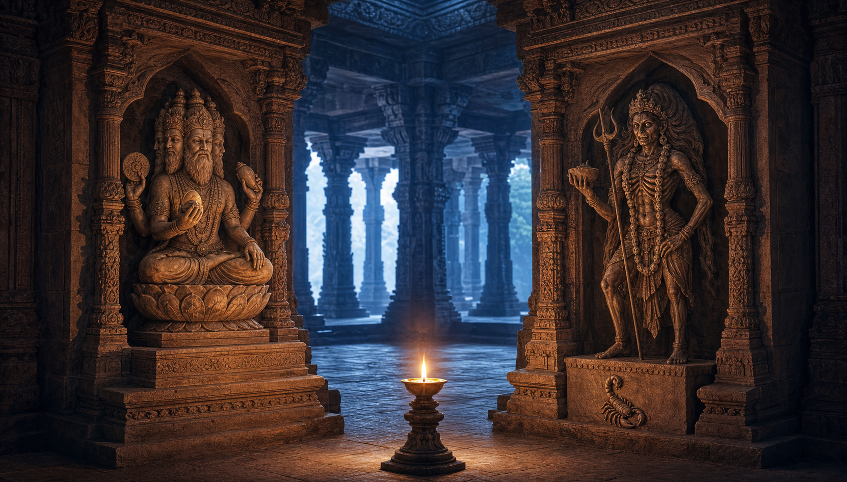 Two separate temple sanctums show Brahma holding a conch and discus and Chamunda with a small scorpion carving, connected visually by the light of a central oil lamp.