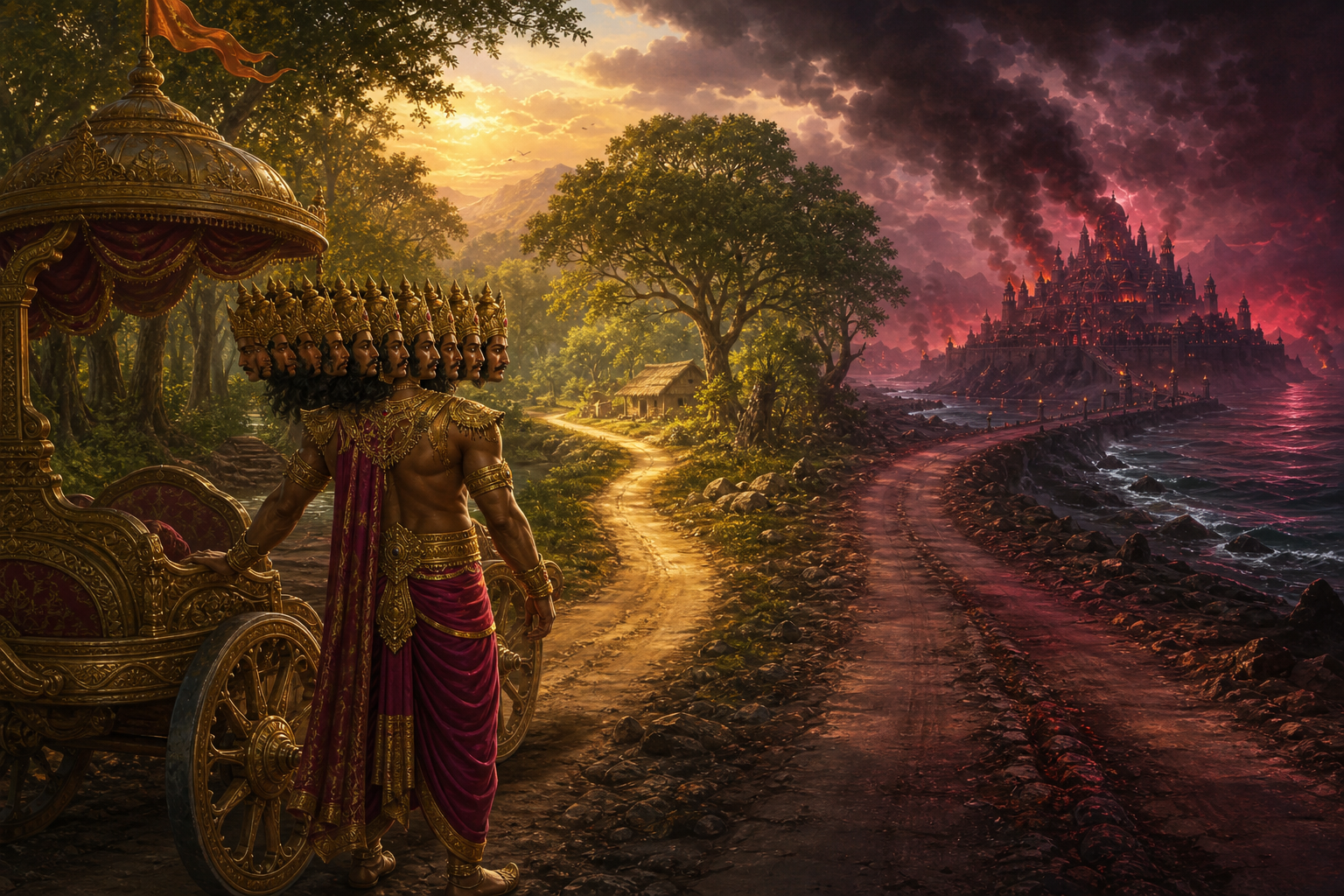 Ravana stands with his chariot at a forest crossroads between a peaceful sunlit path and a grand road leading toward a storm-covered Lanka.
