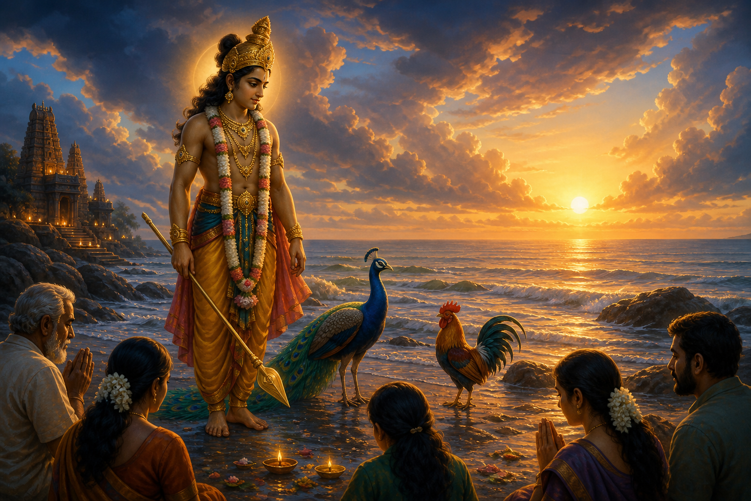 Murugan stands calmly on a seashore at sunrise with a lowered Vel, while a peacock and rooster appear nearby and devotees observe in silence.