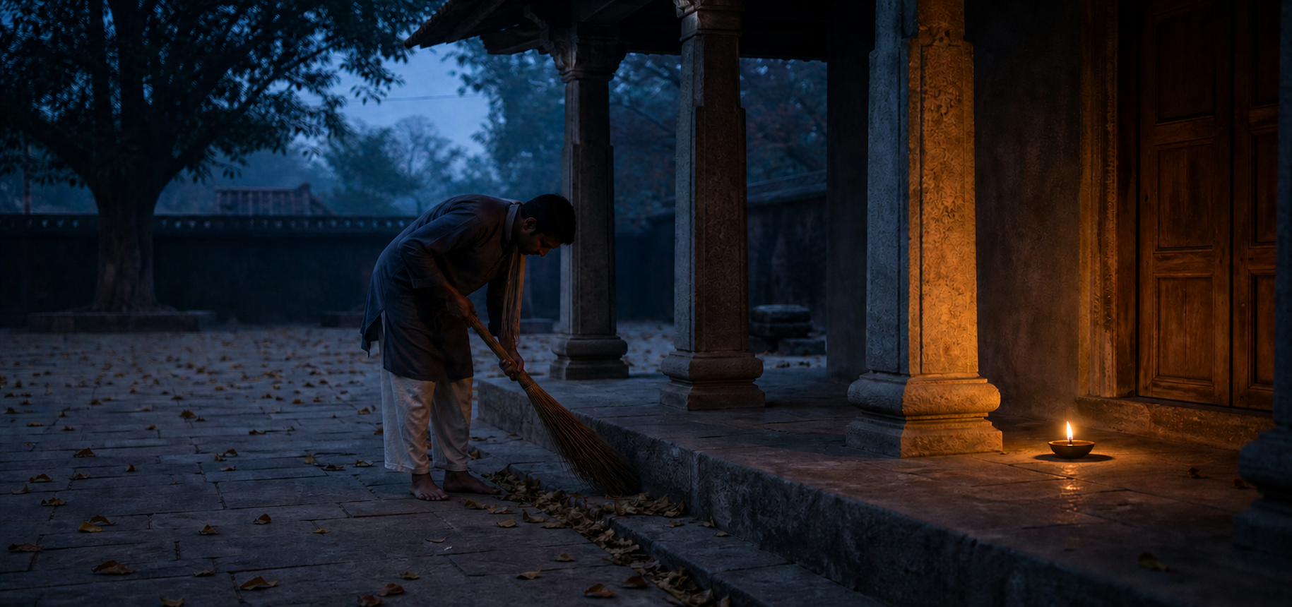 A solitary practitioner carefully sweeps leaves from an empty stone courtyard before sunrise, illuminated by a small oil lamp.