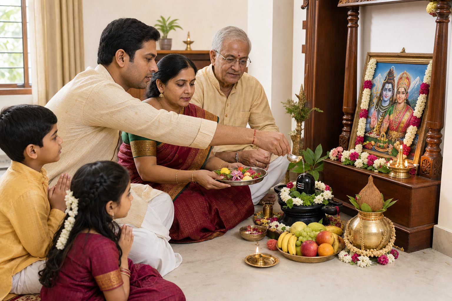 A multigenerational family makes simple offerings to Shiva and Parvati at a flower-decorated home altar.