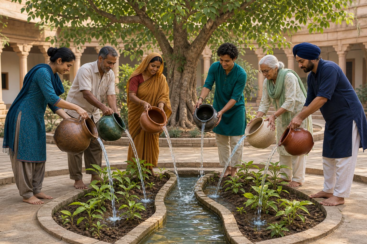 People with differently shaped clay vessels pour water into a shared garden channel beside young plants in a stone courtyard.