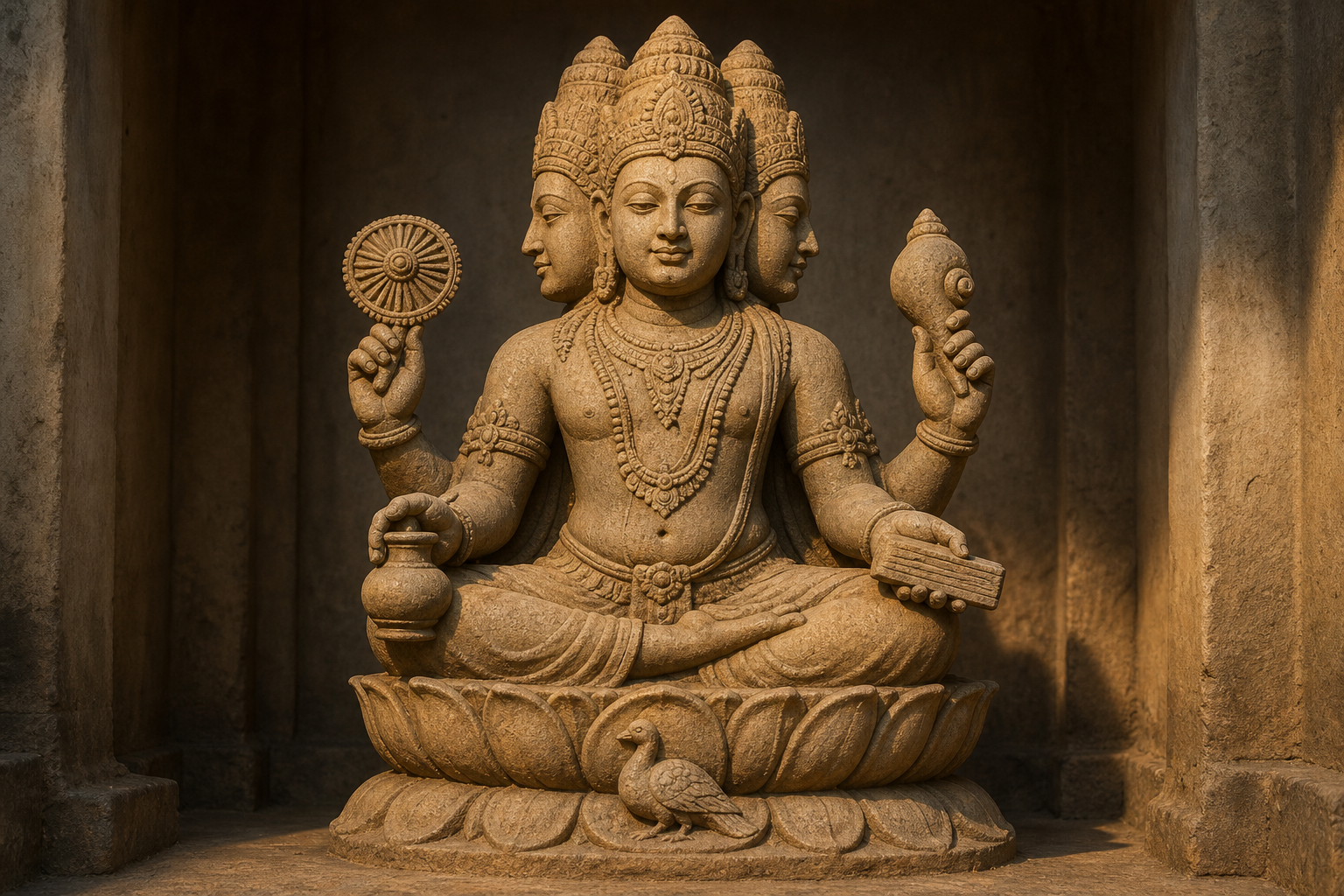 A four-faced Brahma murti in a temple niche holds a conch, discus, water vessel, and palm-leaf manuscript above a lotus pedestal with a small hamsa carving.