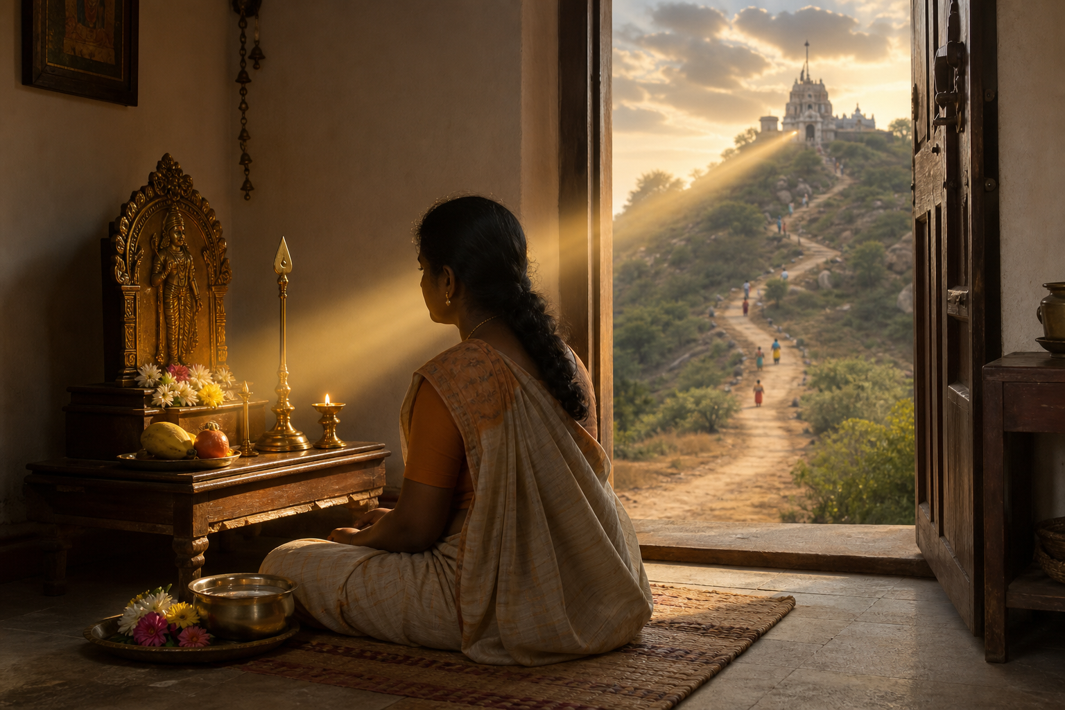 A devotee sits before a simple home altar with a brass Vel and lamp, while a distant hill temple and ascending pilgrims are visible through an open doorway.
