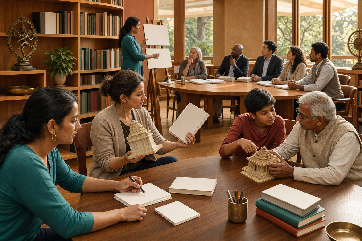 Parents, teachers, students, an elder, and a school committee take part in evidence-based educational review activities inside a community library.