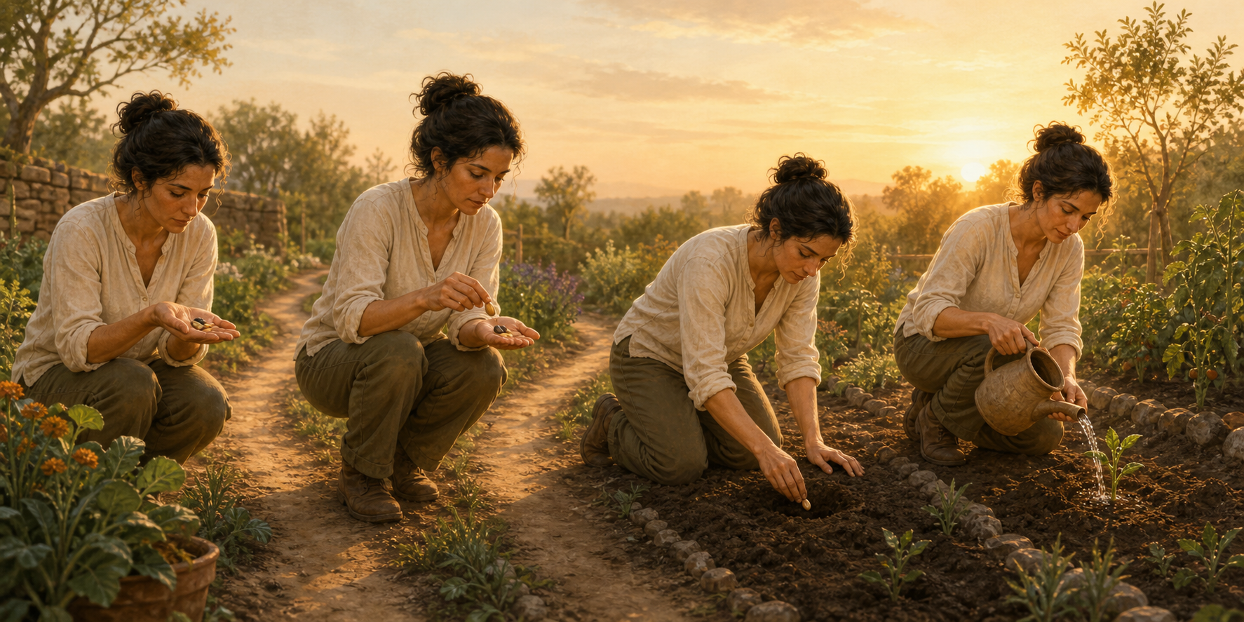 Four connected garden moments show the same practitioner examining seeds, choosing one, planting it, and returning to water the new shoot.