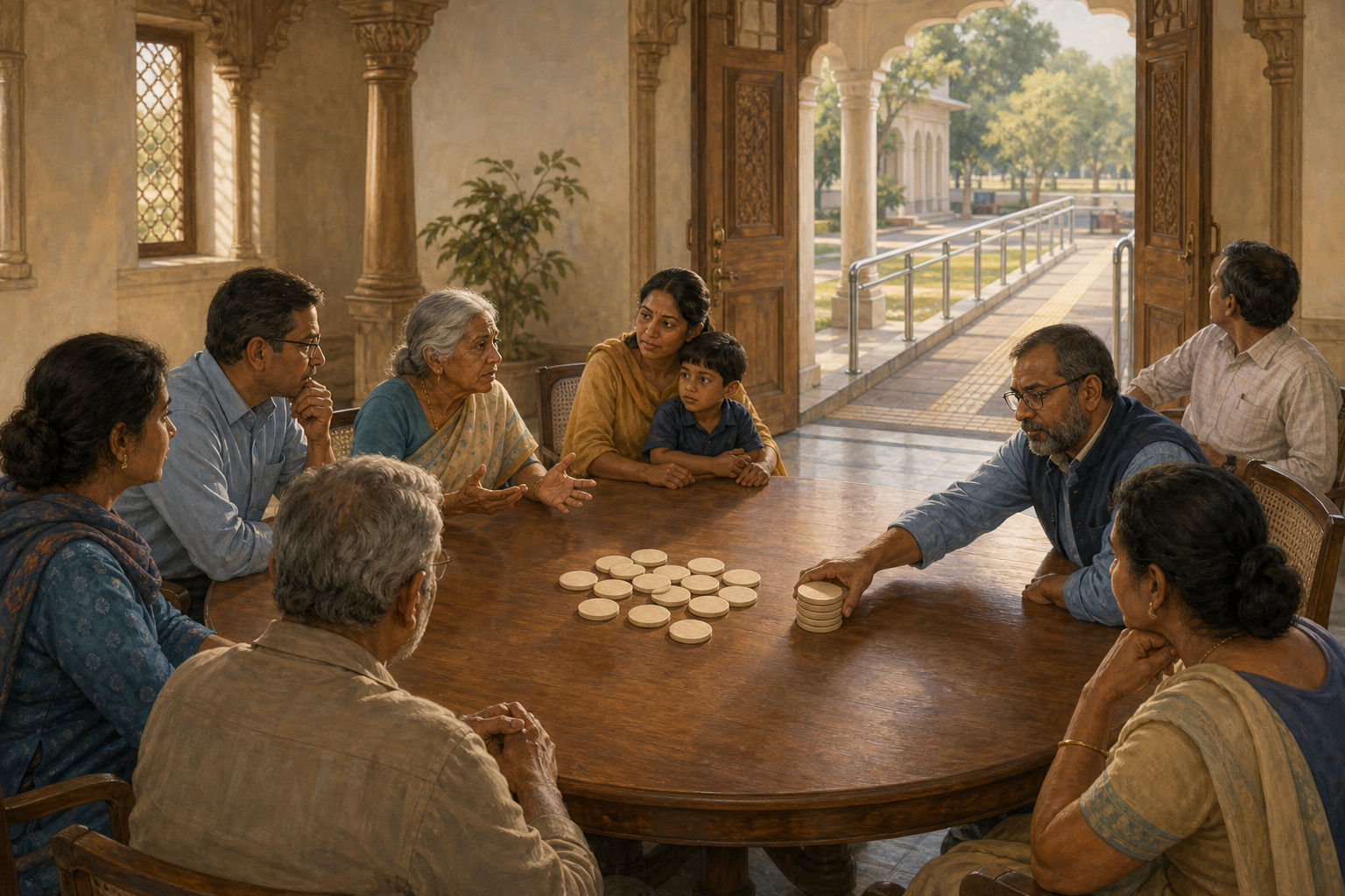 Community council members pause around a table to listen to an elderly woman and a parent with a child in a sunlit hall.