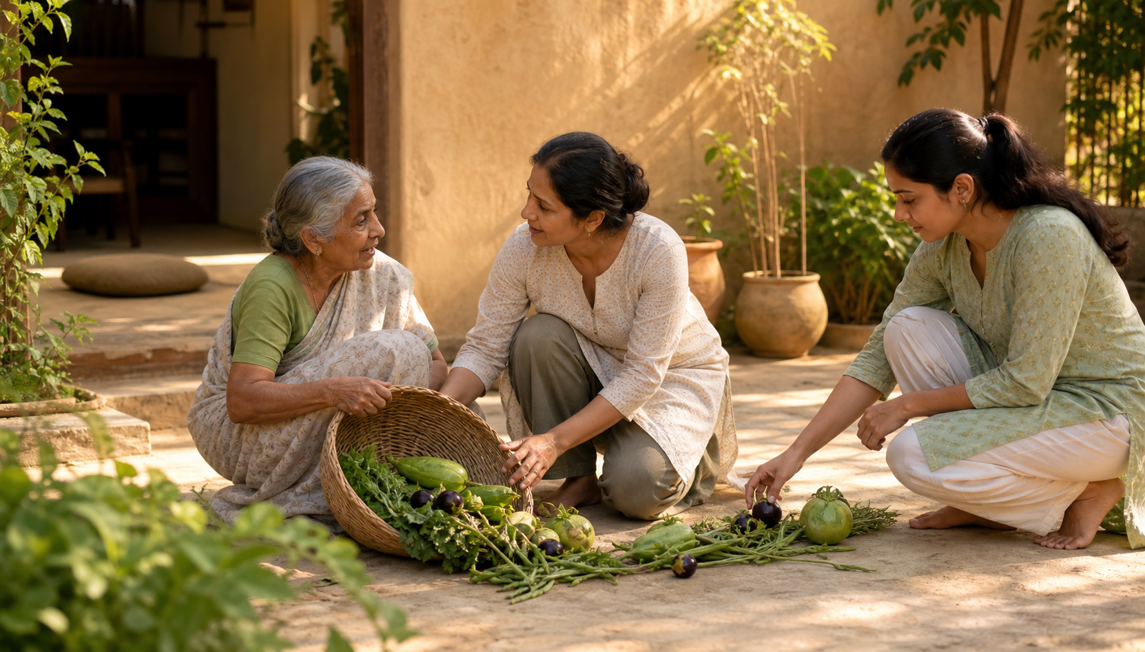 A practitioner leaves a meditation cushion to help an elderly neighbor gather vegetables spilled from a basket in a home courtyard.