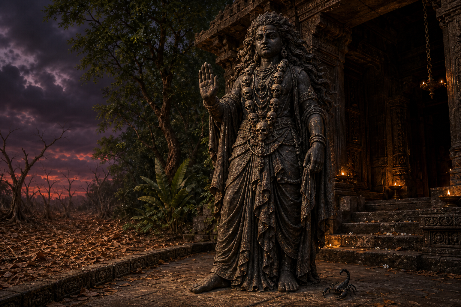 A dark-stone Chamunda guardian stands at a temple boundary with a small scorpion near her foot as dry foliage and storm clouds gather beyond her.