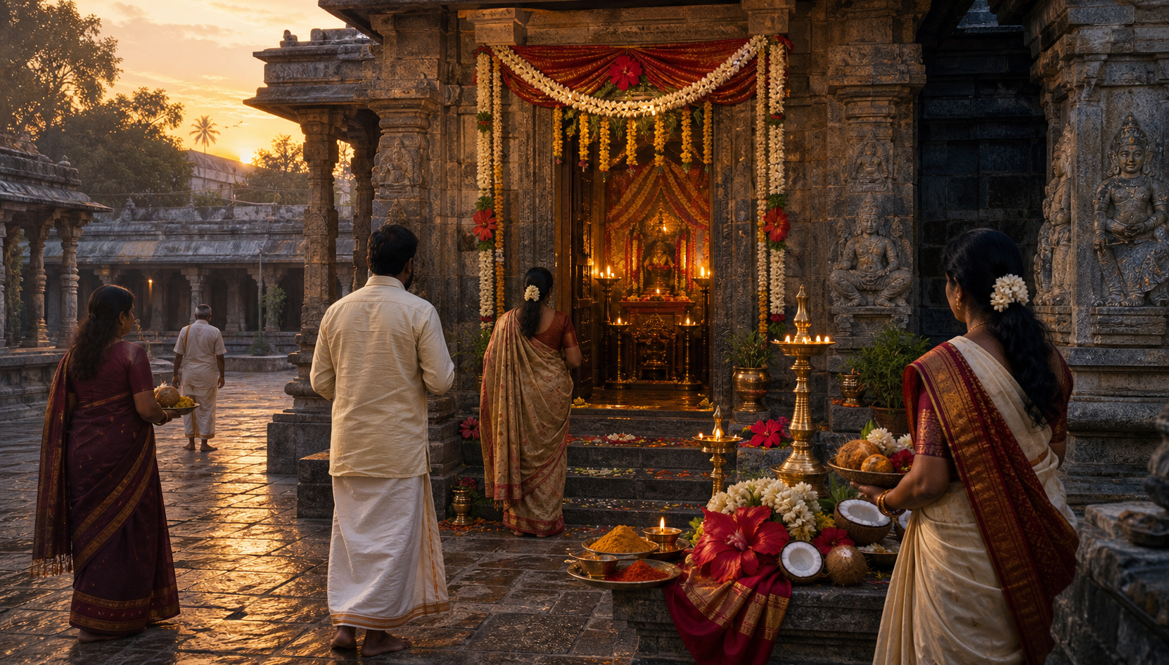 Editorial illustration of pilgrims approaching the flower-decorated Puruhutika Devi sanctum in a Pithapuram temple complex at dawn.