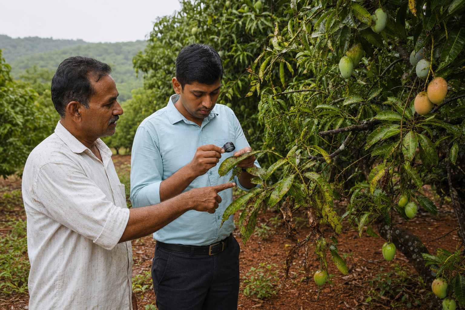 A mango grower and a horticulture officer inspect damaged leaves together in a Sindhudurg orchard.