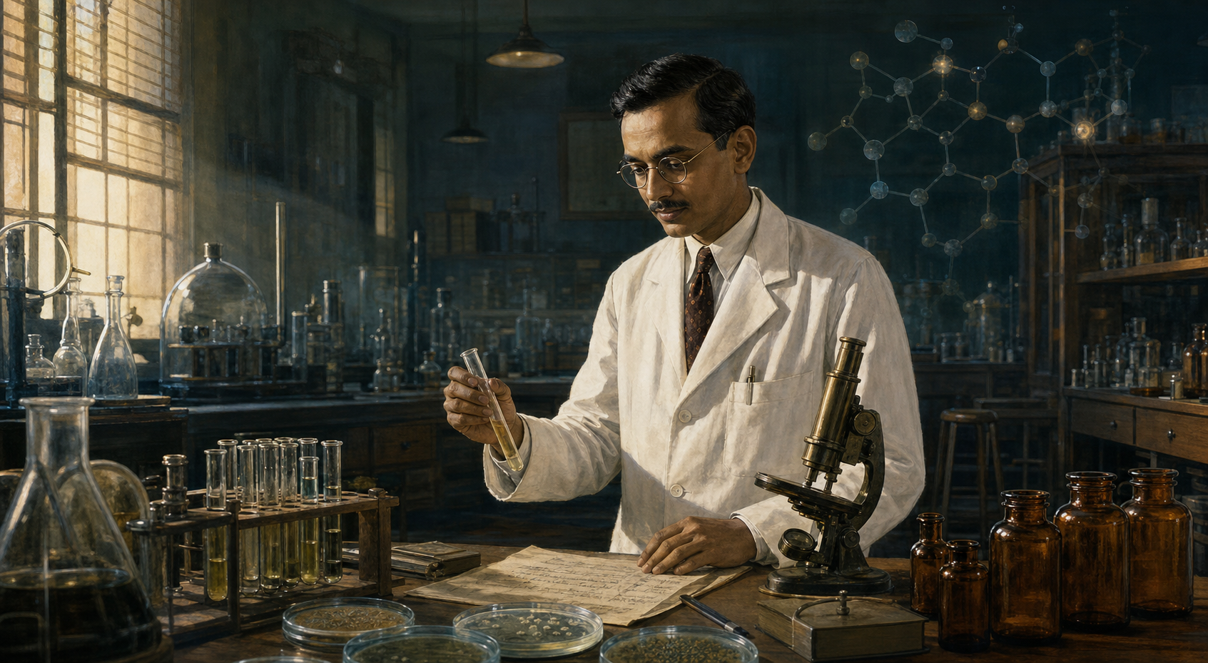 Editorial illustration of Yellapragada Subbarow standing at a laboratory bench with period glassware, a microscope, molecular forms, and unlabelled medicine vials.