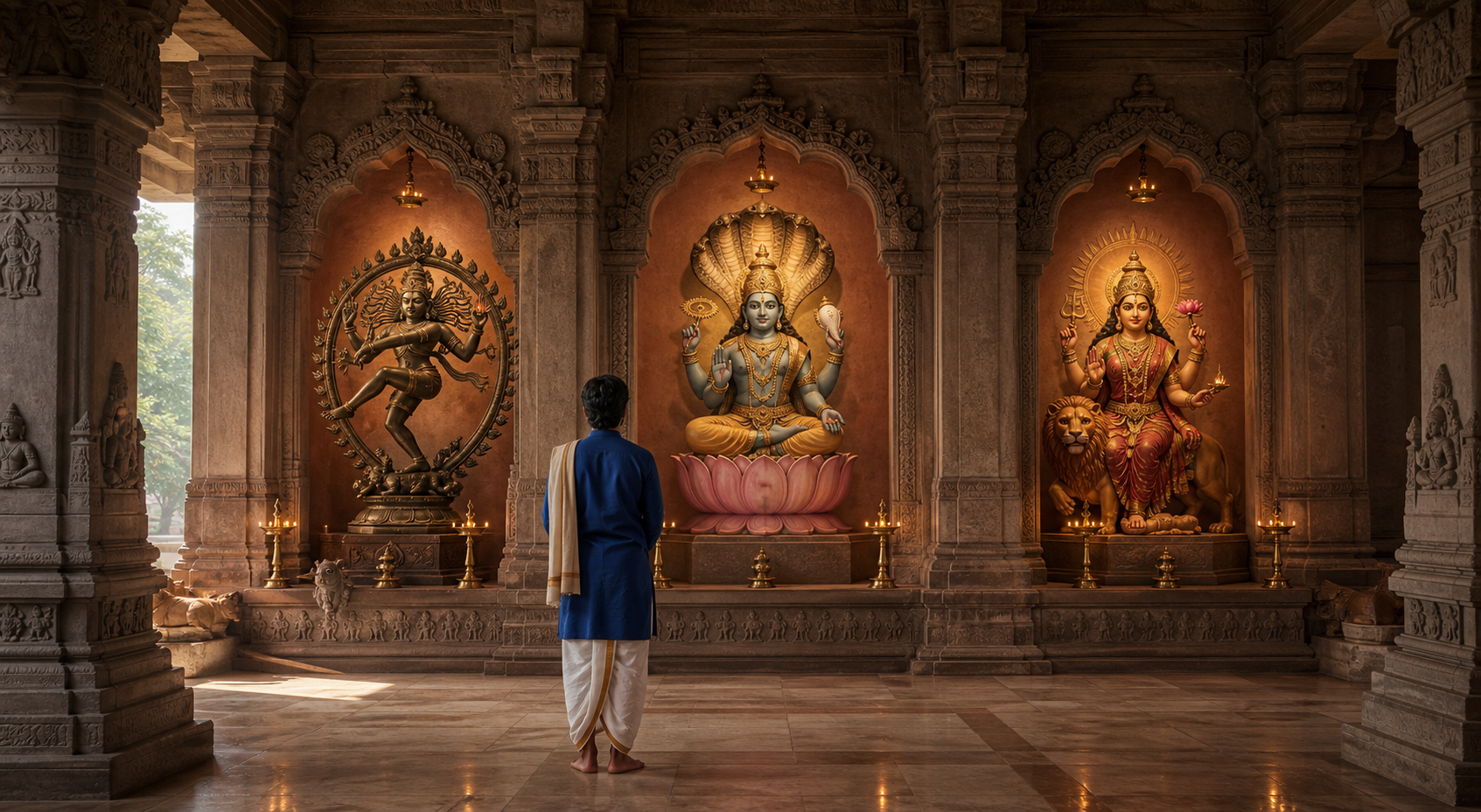 A visitor studies three distinct deity sculptures in separate temple niches where lotus, conch, wheel, halo, and hand motifs recur in different forms.