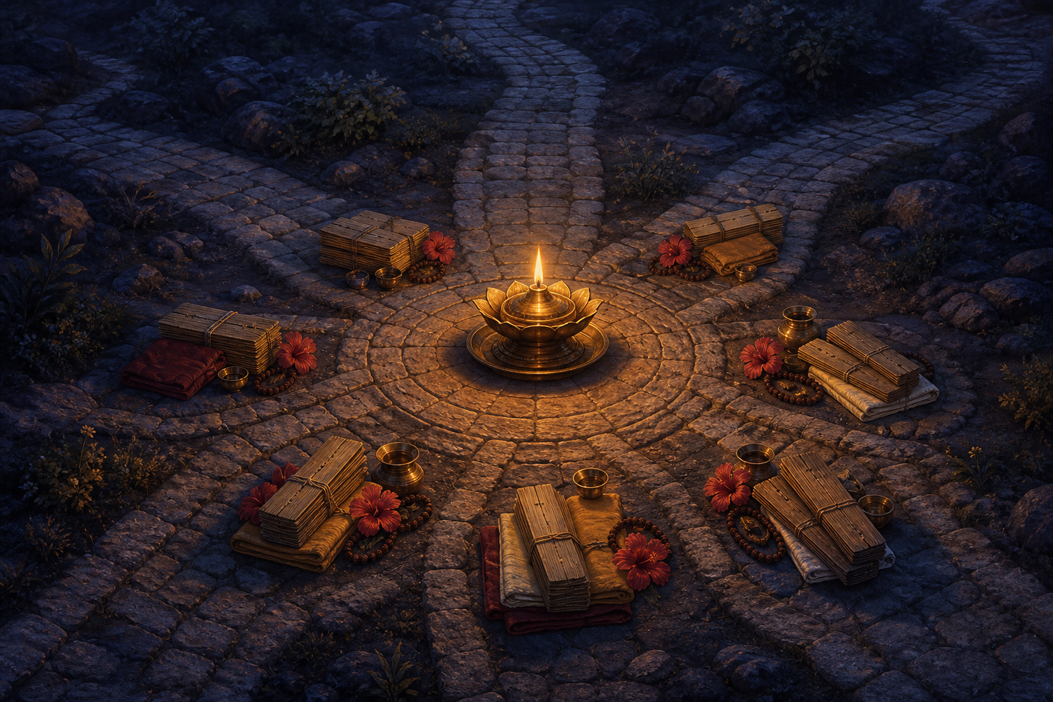Conceptual illustration of several stone pilgrimage paths converging on a glowing oil lamp, with palm-leaf bundles and ritual offerings nearby.