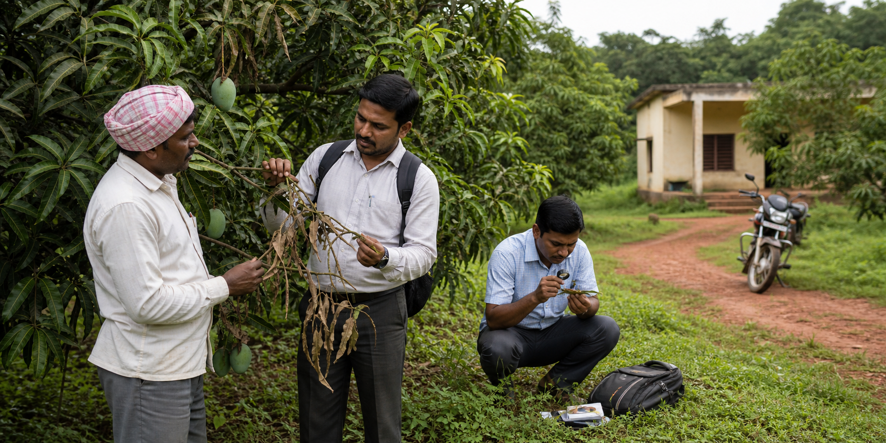 A grower, field worker and horticulture specialist coordinate beside an affected mango tree near a local field office.