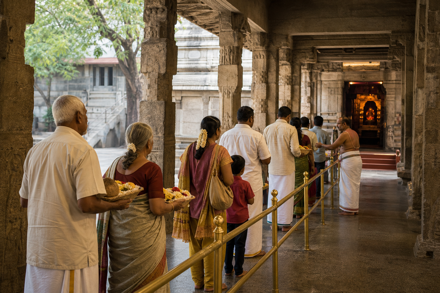 Editorial illustration of worshippers waiting in an orderly darshan line with simple offerings inside a shaded Pithapuram temple corridor.