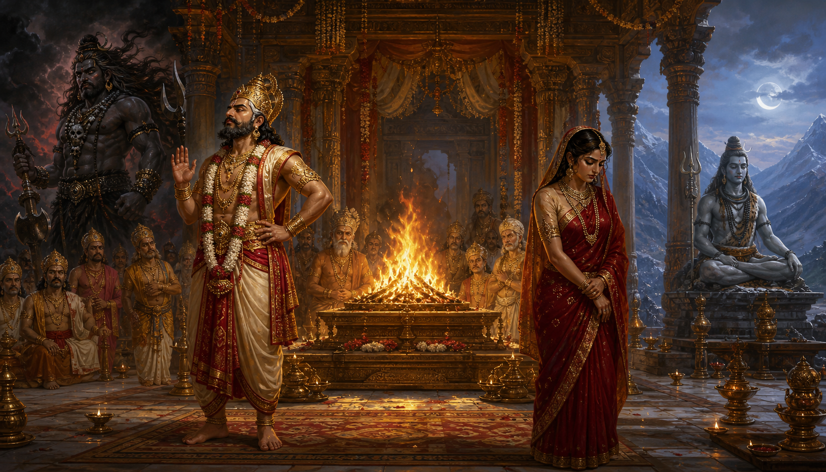 Sati stands beside Daksha's sacrificial pavilion while Daksha faces the altar, Shiva appears beneath a distant Himalayan sky, and Veerabhadra emerges from storm clouds.