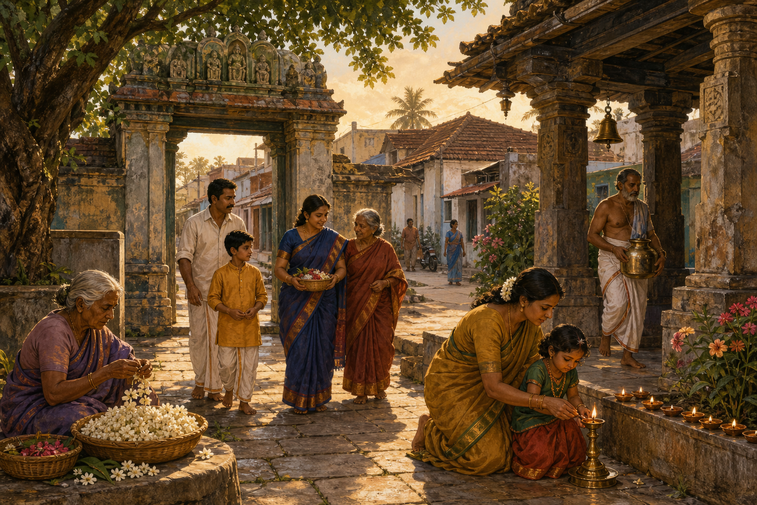Editorial illustration of a multigenerational Pithapuram temple courtyard scene with a flower seller, pilgrims, oil lamps, and a carved gateway.