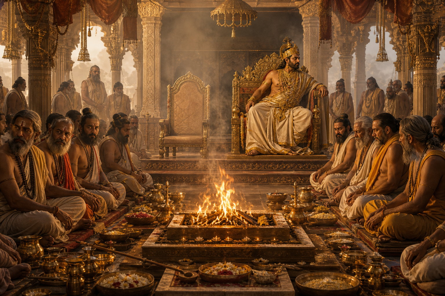 Daksha presides over an elaborate fire ritual as priests and sages sit around the altar and an empty ceremonial place remains apart from the gathering.