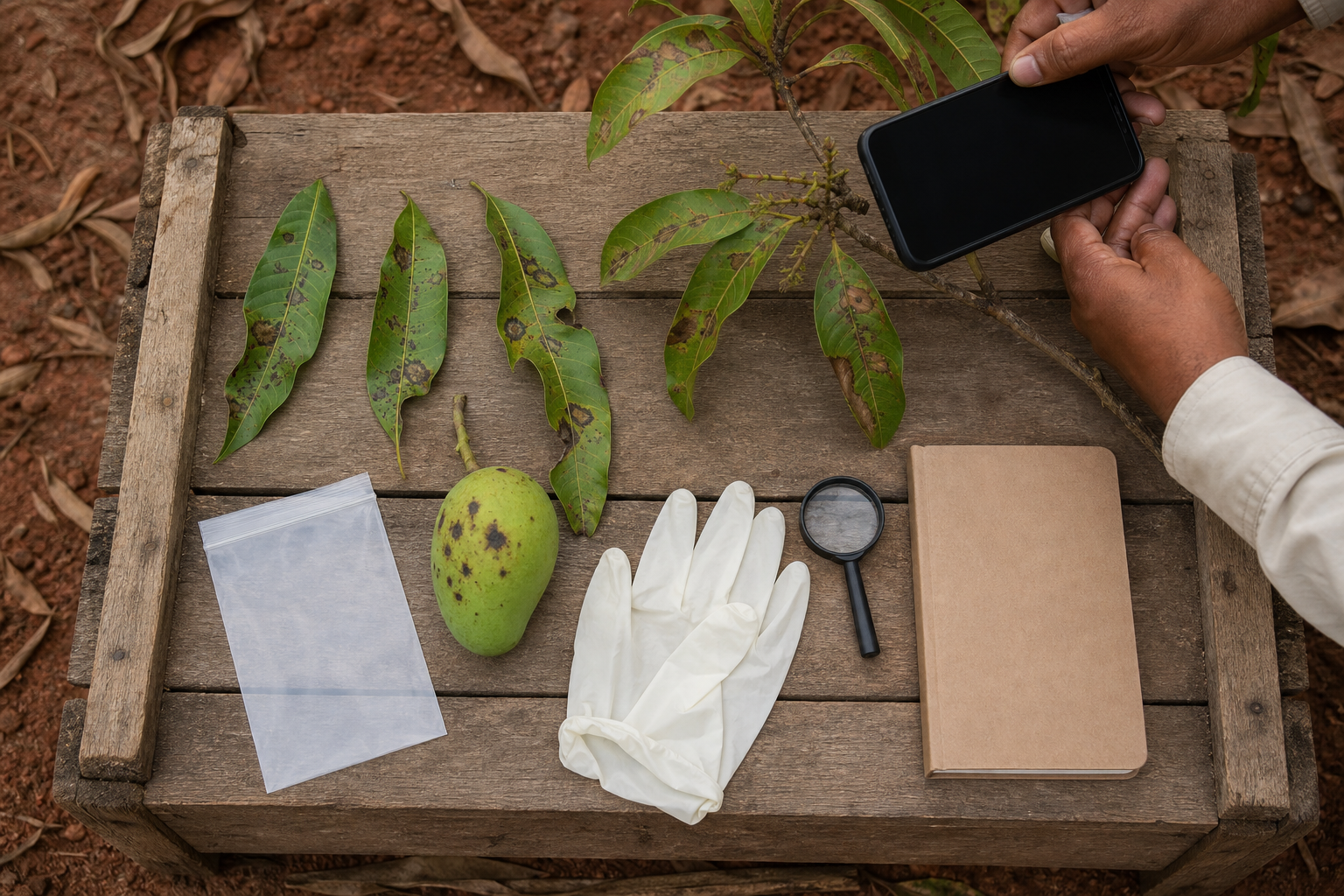 A mango grower photographs a damaged twig beside collected leaves, fruit and simple specimen-handling tools.