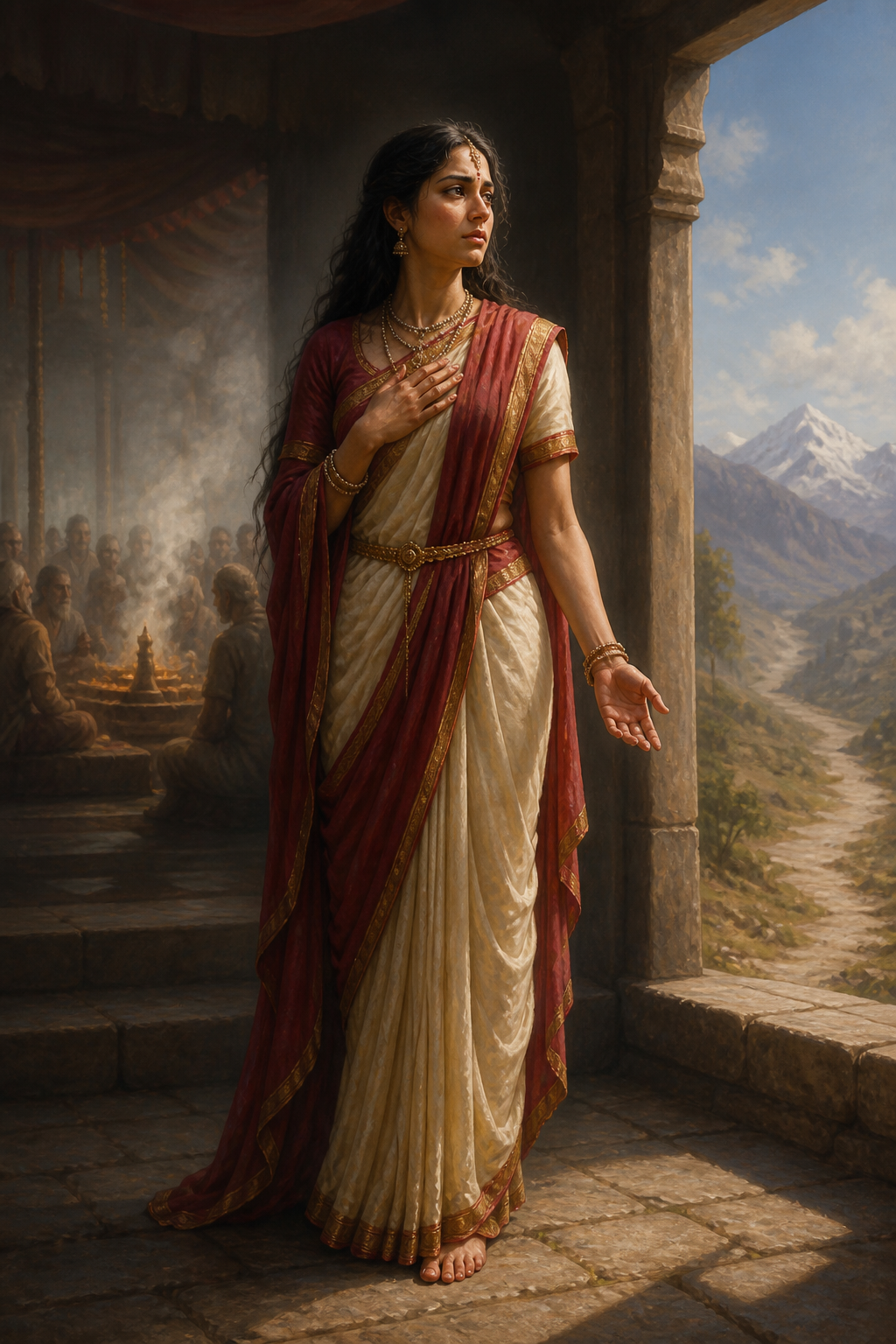 Sati stands solemnly at the threshold of Daksha's crowded sacrificial pavilion, illuminated by a shaft of light with mountains visible beyond the entrance.