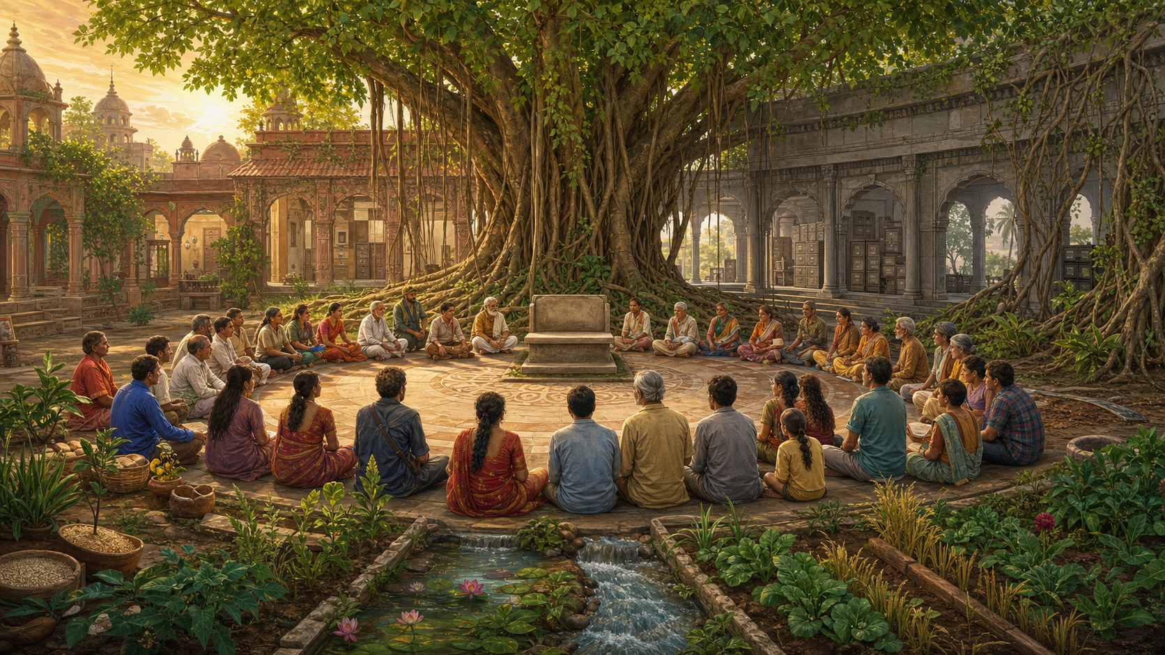 Citizens gather in a circular open courtyard around an empty stone council seat beneath a banyan tree, while sunlight and vegetation enter a rigid grey administrative structure behind them.