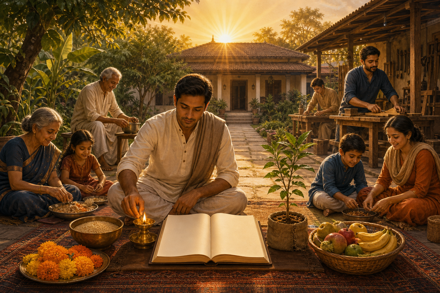 A multigenerational South Asian family gathers around an oil lamp, grain, flowers, a blank ledger, and a fruit-tree sapling in a sunlit courtyard.