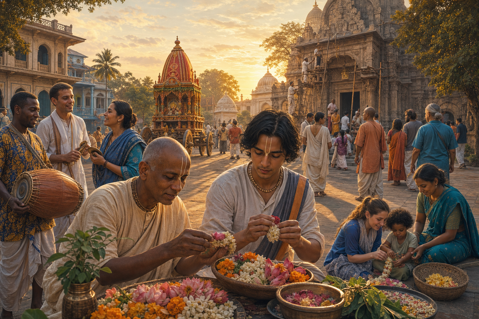 A multigenerational and multicultural Vaishnava community gathers with musicians, a festival chariot, flower offerings, and a historic temple at sunset.