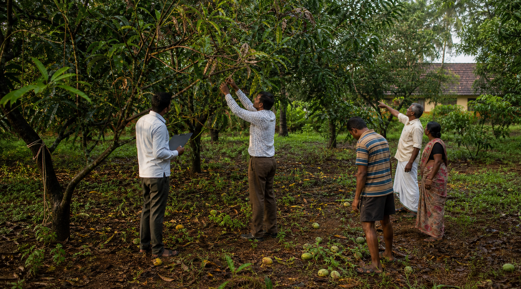 Growers and a horticulture field team inspect multiple mango trees while recording observations in the orchard.