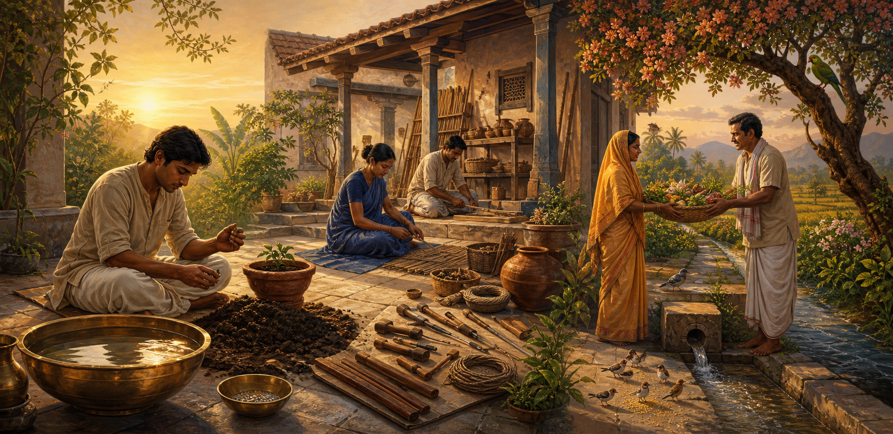 A panoramic illustration shows a person studying a seed, craftspeople arranging tools, and neighbors sharing produce beside a flowering tree and irrigation channel.