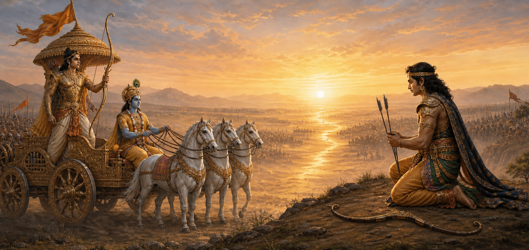 Arjuna prepares his bow beside Krishna in a chariot while Barbarika kneels with his bow and three arrows on a hill overlooking the battlefield.