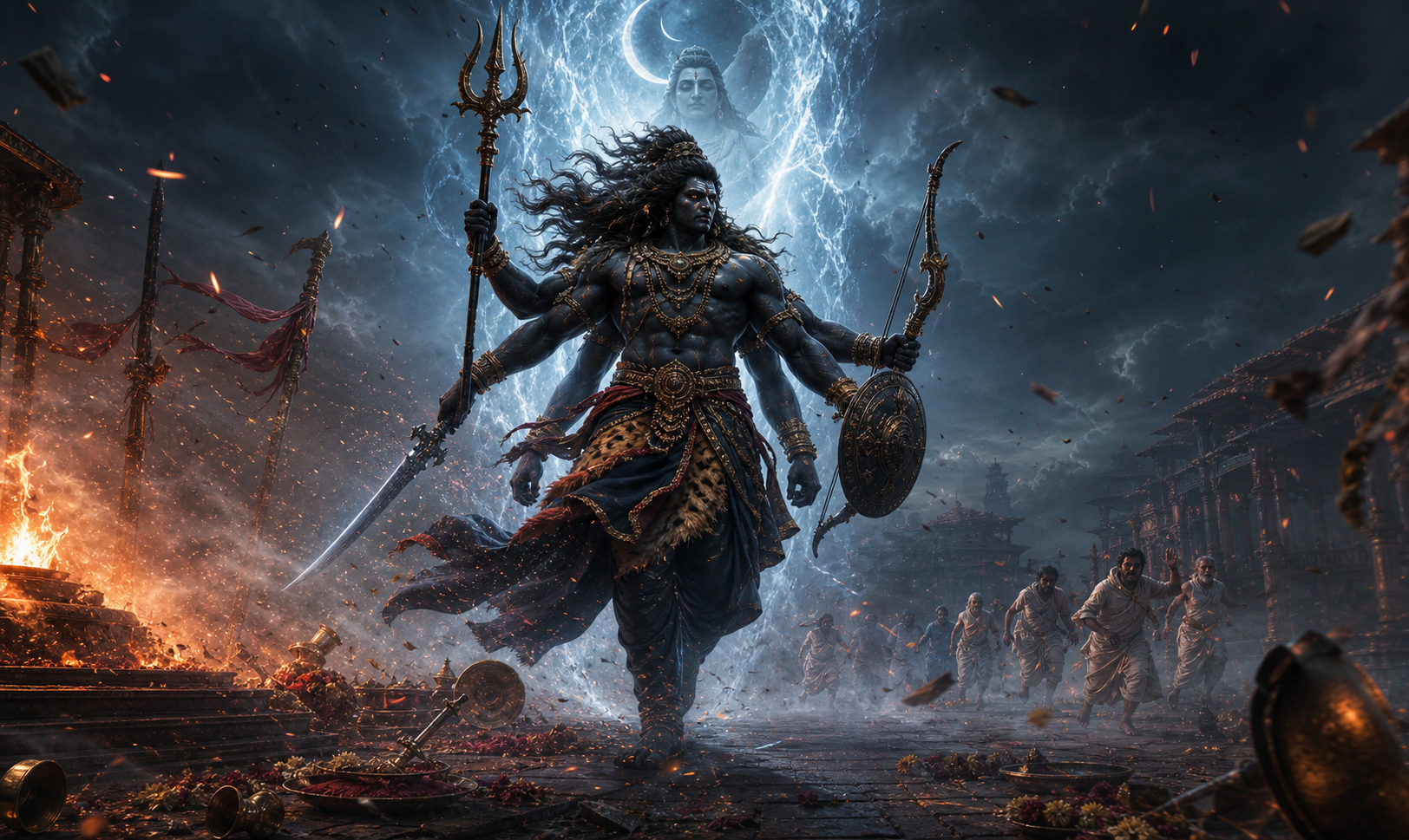 Veerabhadra enters the sacrificial pavilion amid smoke and wind, carrying traditional weapons as priests withdraw and a cool beam of light rises behind him.