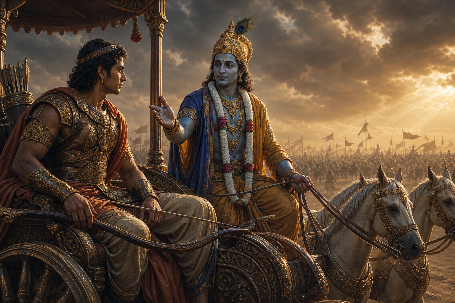 Arjuna listens attentively to Krishna in a waiting chariot, with his bow lowered across his knees and distant armies behind them.