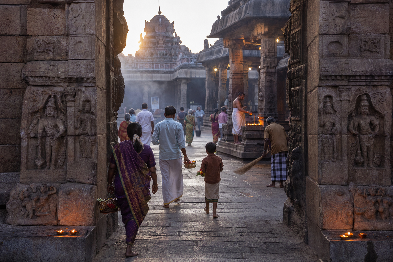 Worshippers, a priest and temple caretakers gather in the stone courtyard of an active Indian temple at dawn.