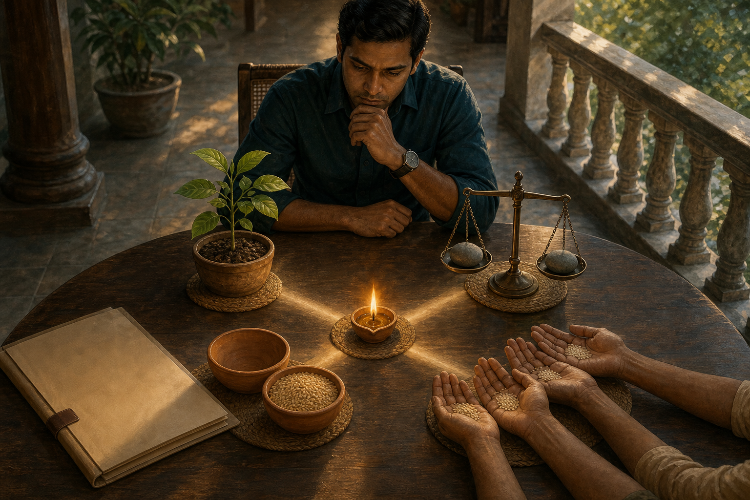 A person reflects at a table where an oil lamp is surrounded by a sapling, a balance scale, clay bowls, shared grain, and a closed blank folder.