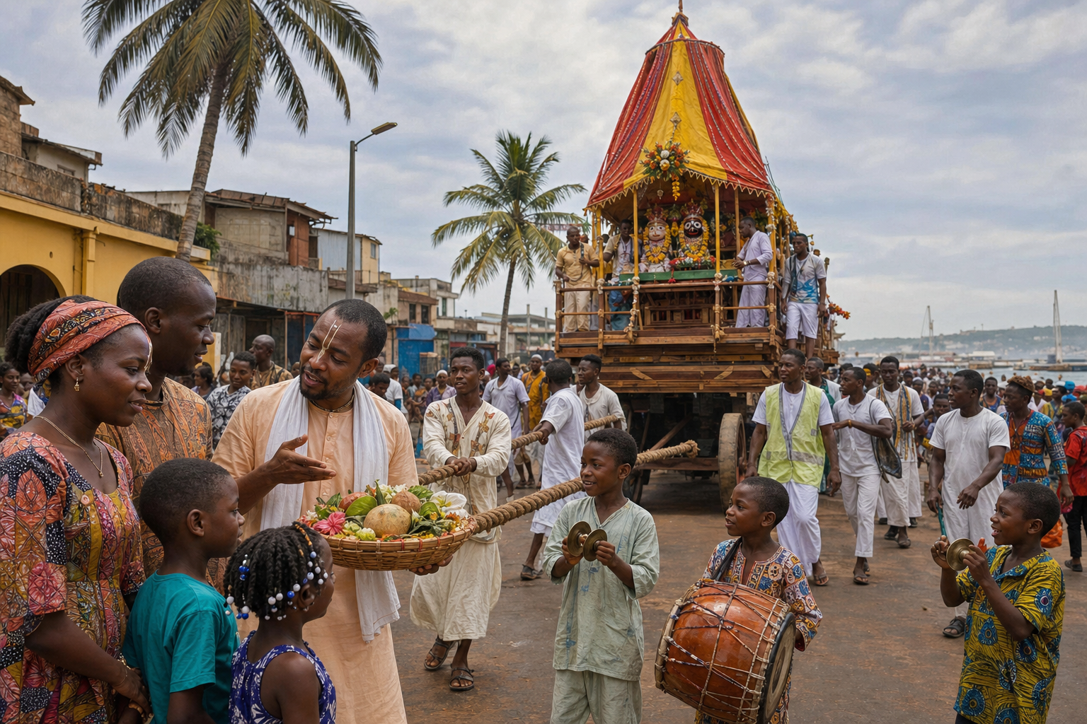 Devotees and local families take part in a Vaishnava chariot procession on a West African city street while musicians play drums and hand cymbals.