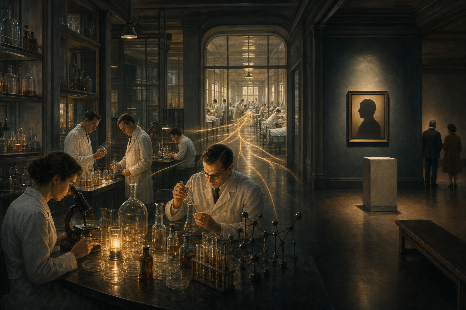 A glowing biomedical laboratory connects visually to distant treatment rooms, while a neighboring public gallery with an unlabelled portrait remains dim and empty.