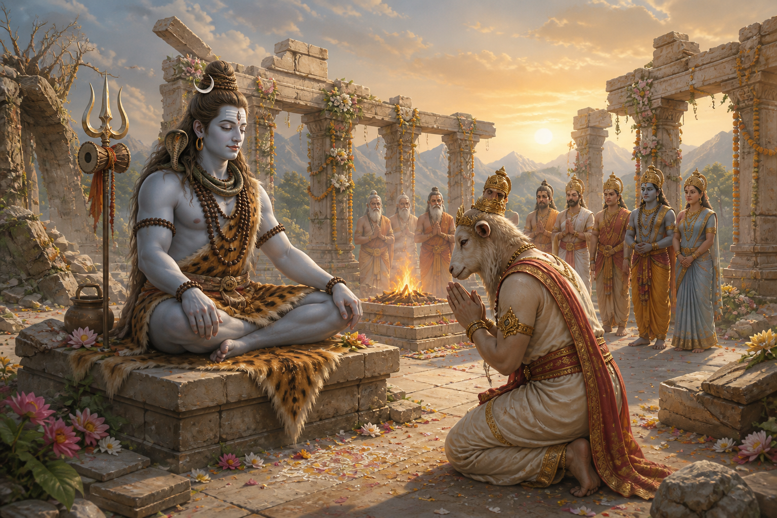 Goat-headed Daksha kneels with folded hands before a seated Shiva beside a repaired sacrificial altar at dawn.