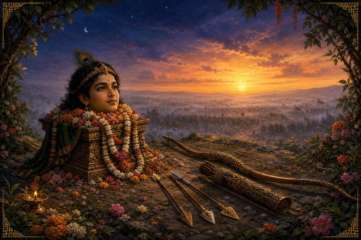 A serene, garlanded representation of Barbarika rests on a ceremonial pedestal above the distant battlefield, with his bow and three arrows placed nearby.
