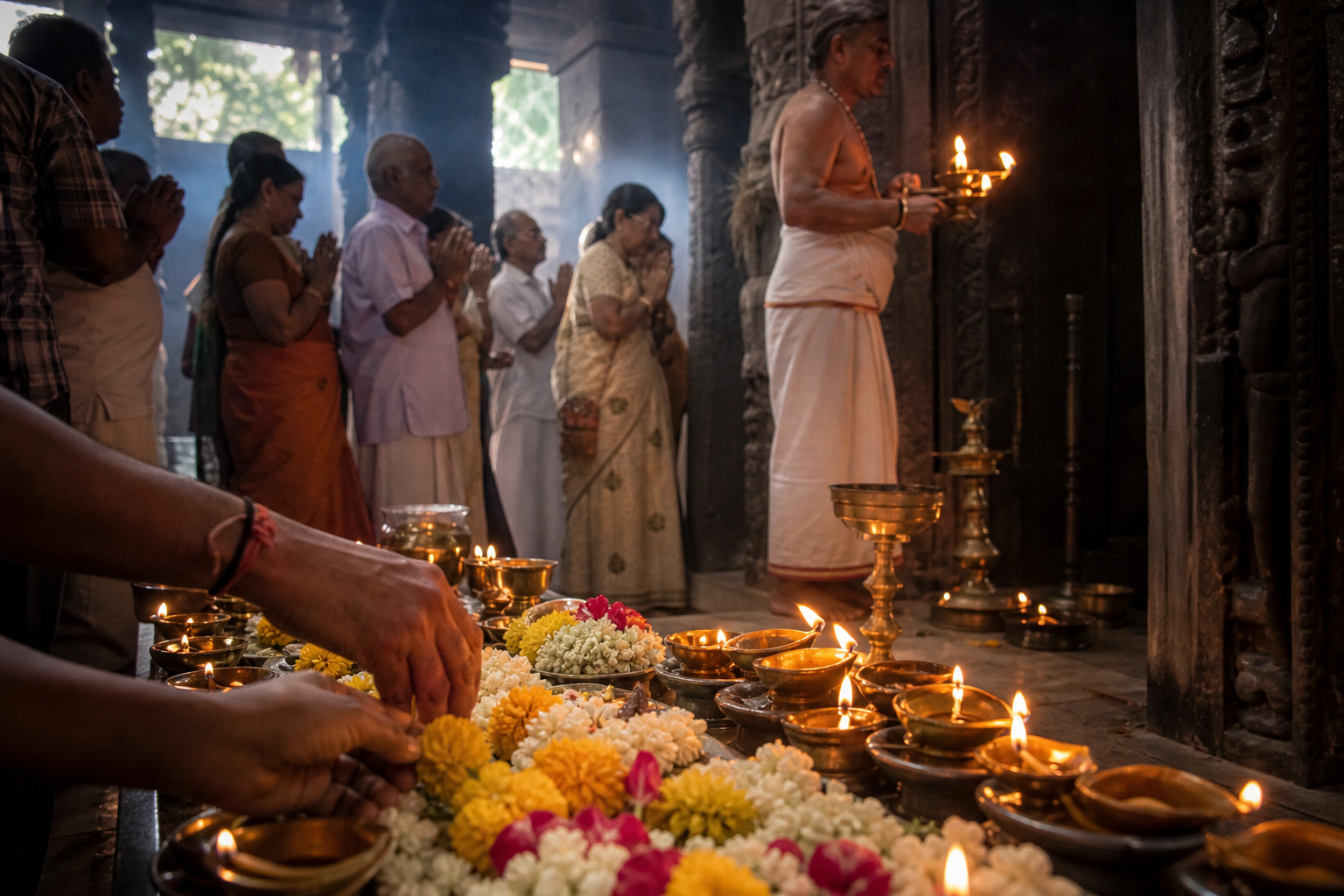 Devotees and a priest take part in worship among carved stone pillars and glowing oil lamps.