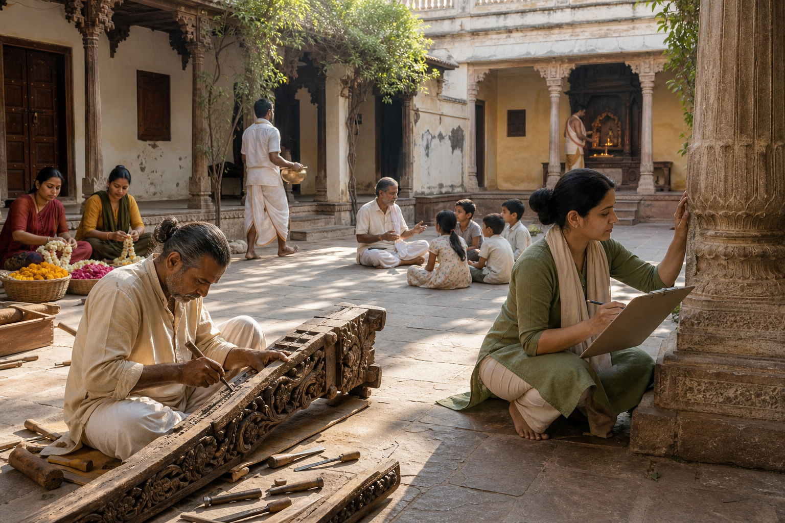 Craftspeople repair an old Vaishnava temple while worship, teaching, garland making, and community service continue in its courtyard.