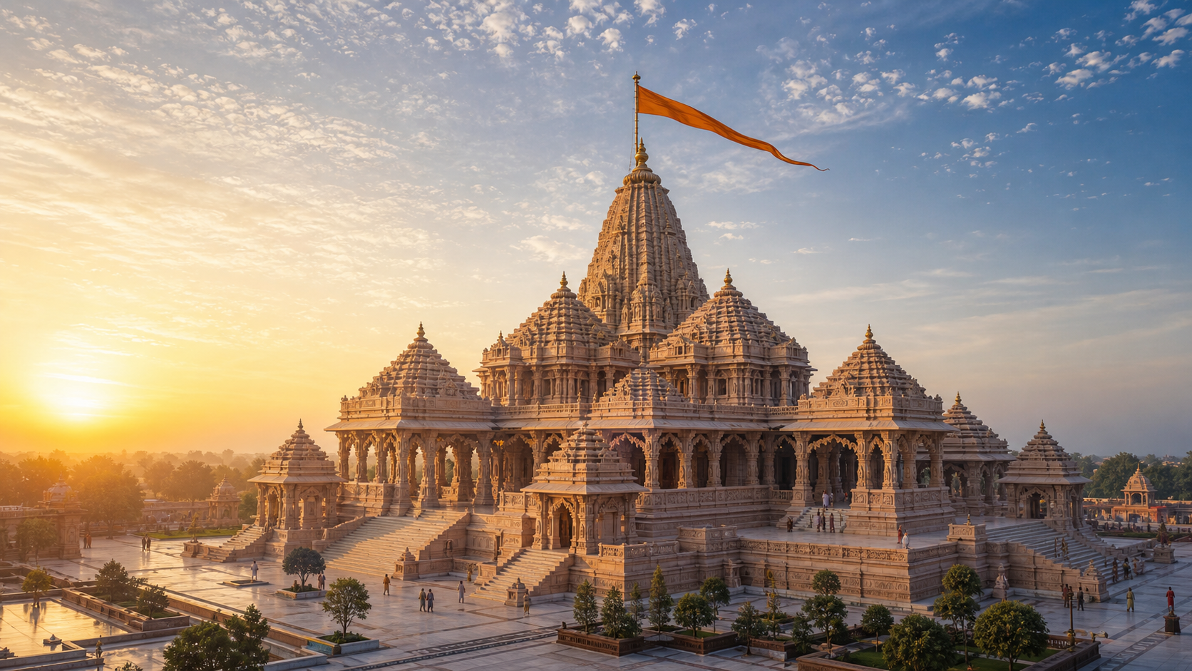A saffron flag flies from the central spire of the Ayodhya Ram Mandir at sunrise as distant devotees gather in the courtyard.
