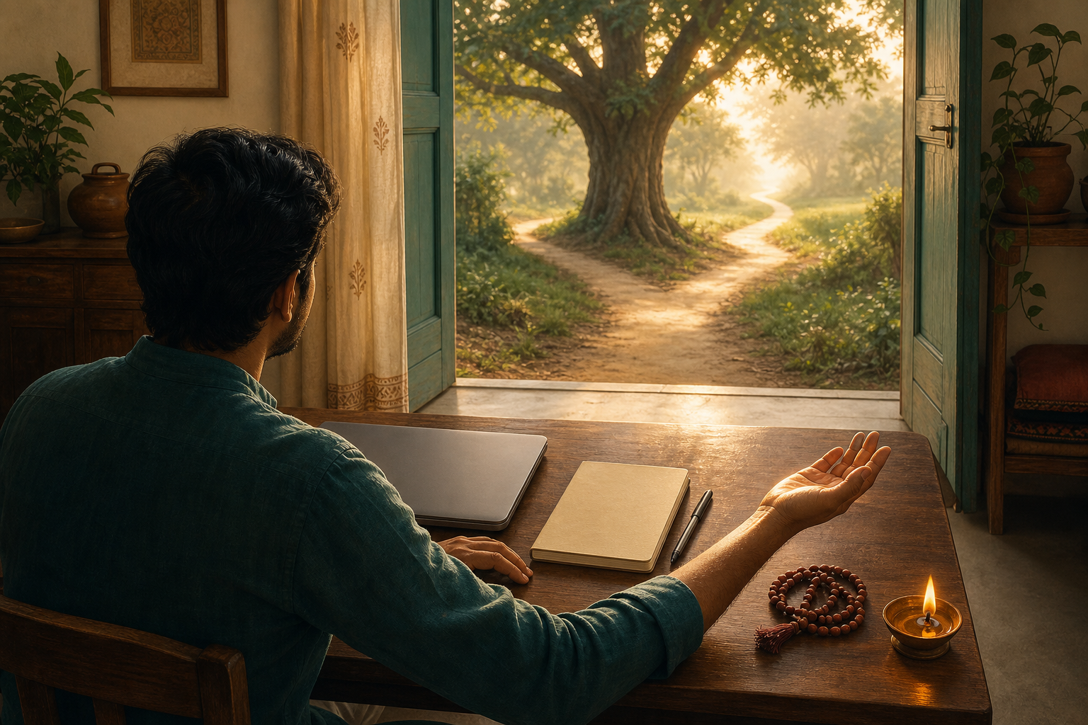 A person sits at a table with a closed laptop, blank notebook, prayer beads, and oil lamp while a branching path is visible through the open doorway.
