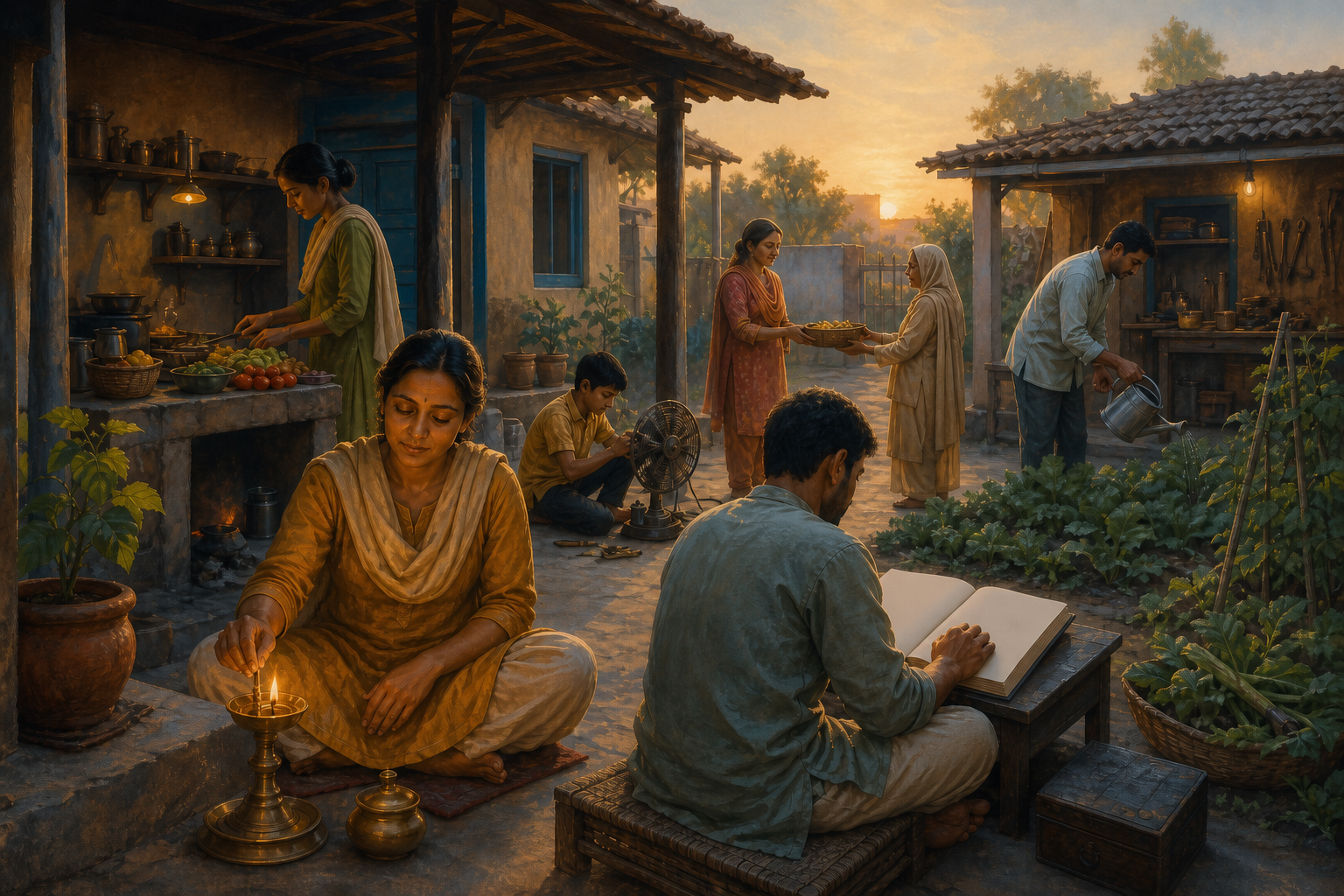 Family members light an oil lamp, tend a garden, prepare food, repair an object, keep a blank ledger, and fill a basket to share in a dawn courtyard.