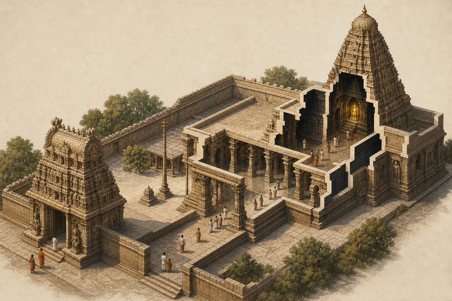 Cutaway illustration of a temple showing the spatial progression from gateway and courtyard to pillared hall and inner sanctum.